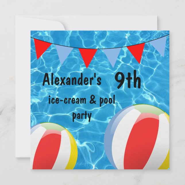 Invitation Fête d'anniversaire garçon 9 ans Glace & Piscine (Devant)