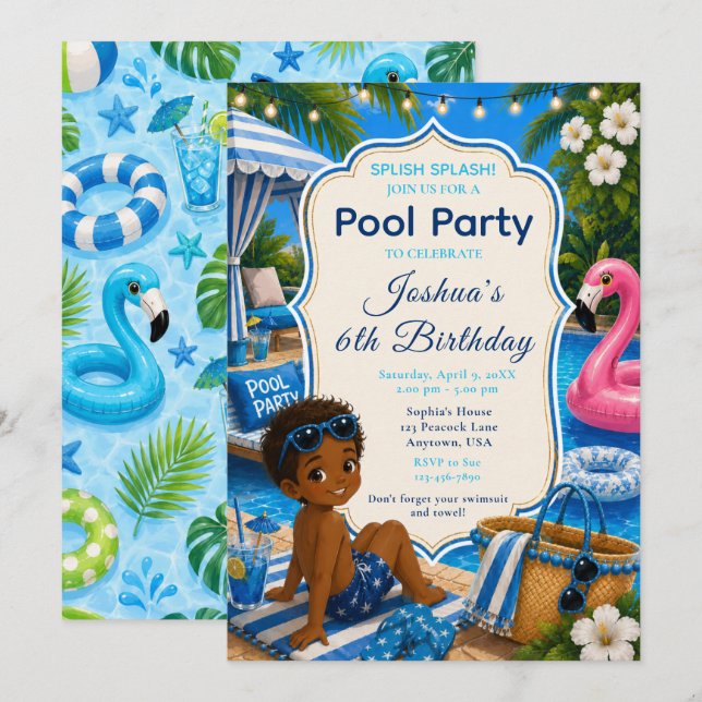 Invitation Fête d'anniversaire garçon à la piscine bleue (Devant / Derrière)