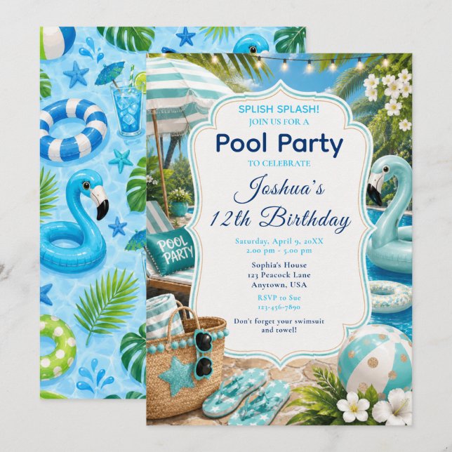 Invitation Fête d'anniversaire garçon à la piscine bleue (Devant / Derrière)