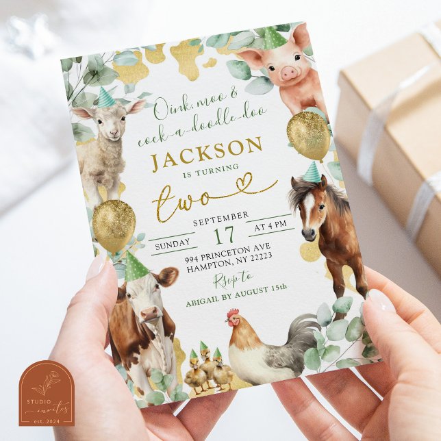 Invitation Fête d'anniversaire garçon animaux de ferme feuill (Créateur téléchargé)