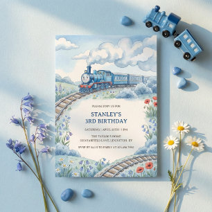 Invitation Fête d'anniversaire garçon aquarelle Train Bleu Mi