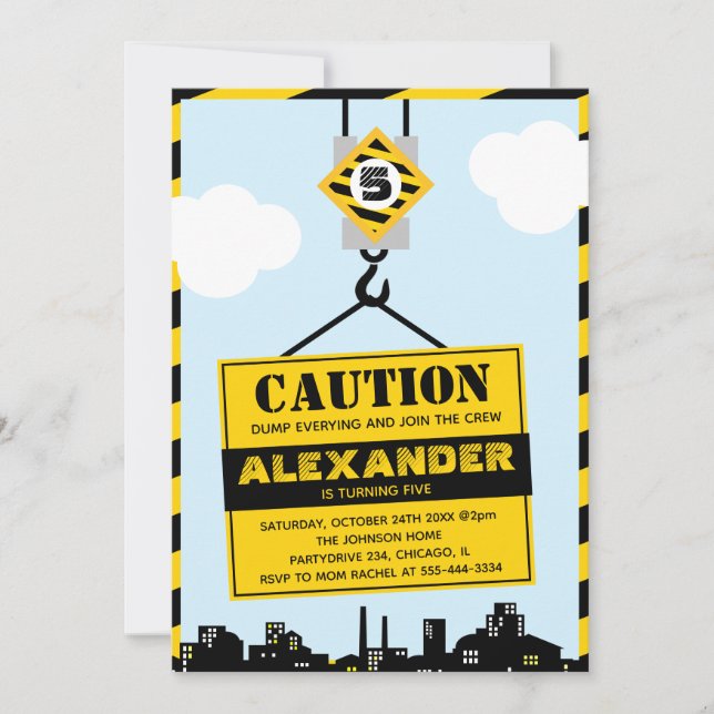 Invitation Fête d'anniversaire garçon avec panneau de prudenc (Devant)