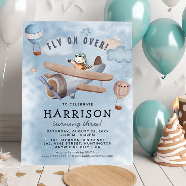 Invitation Fête d'anniversaire garçon avion aquarelle mignon (Créateur téléchargé)