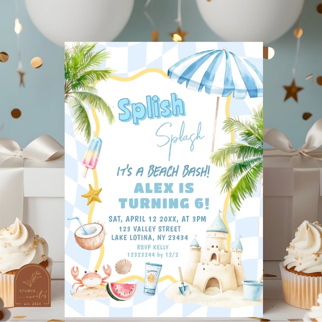 Invitation Fête d'anniversaire garçon bleu Groovy Beach Party (Créateur téléchargé)