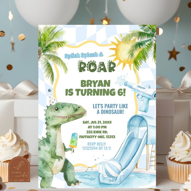 Invitation Fête d'anniversaire garçon bleu Groovy Dinosaur Po (Créateur téléchargé)