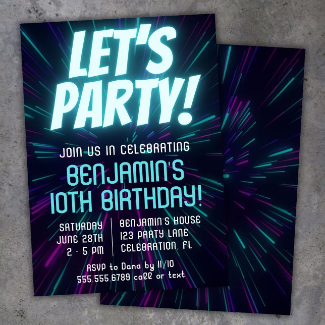 Invitation Fête d'anniversaire garçon bleu néon (Créateur téléchargé)