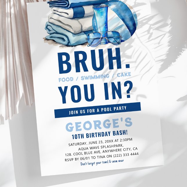 Invitation Fête d'anniversaire garçon BRUH Blue Pool Party  (Créateur téléchargé)