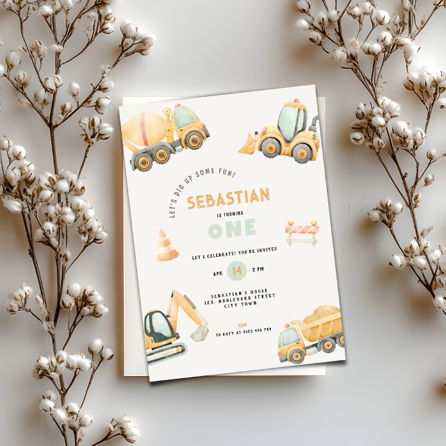 Invitation Fête d'anniversaire garçon camion à benne Construc (Construction Dump Truck Party Boys First Birthday Invitation)