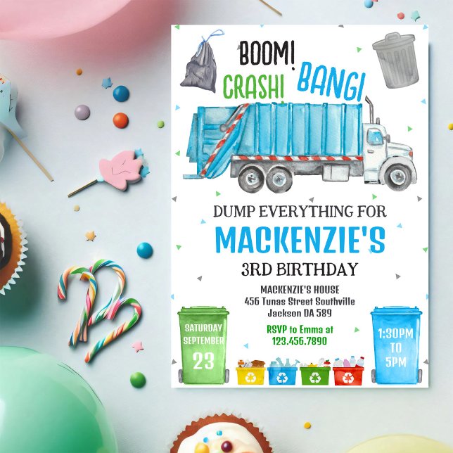 Invitation Fête d'anniversaire garçon camion à ordures Boom C (Créateur téléchargé)