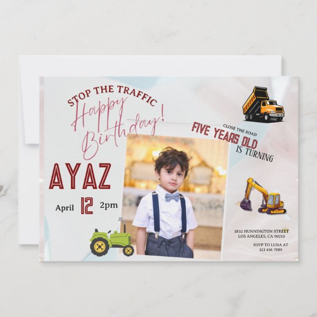 Invitation Fête d'anniversaire garçon camion de chantier  (Devant)
