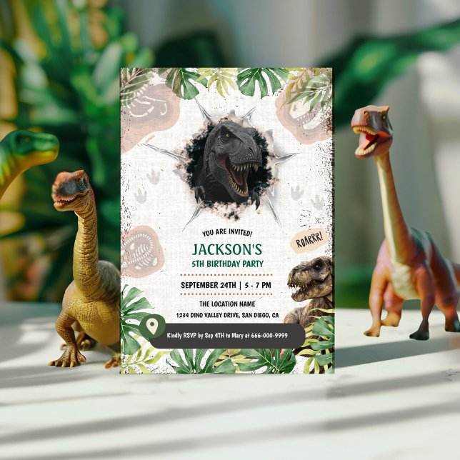 Invitation Fête d'anniversaire garçon dinosaure préhistorique (Prehistoric Dinosaur T-rex boy birthday party invitation)
