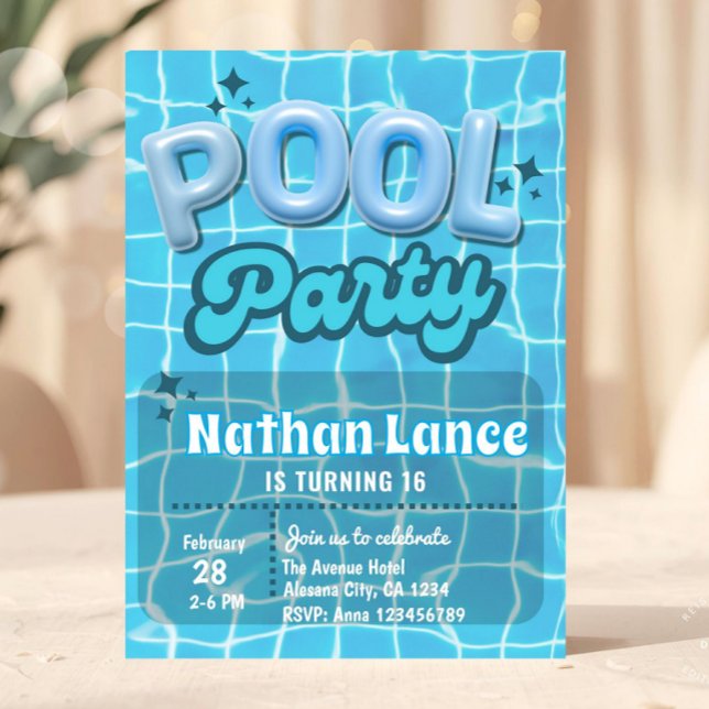 Invitation Fête d'anniversaire garçon été bleu piscine (pool party invitation, summer birthday invite, teen birthday invitation, sweet 16 pool party, blue w)