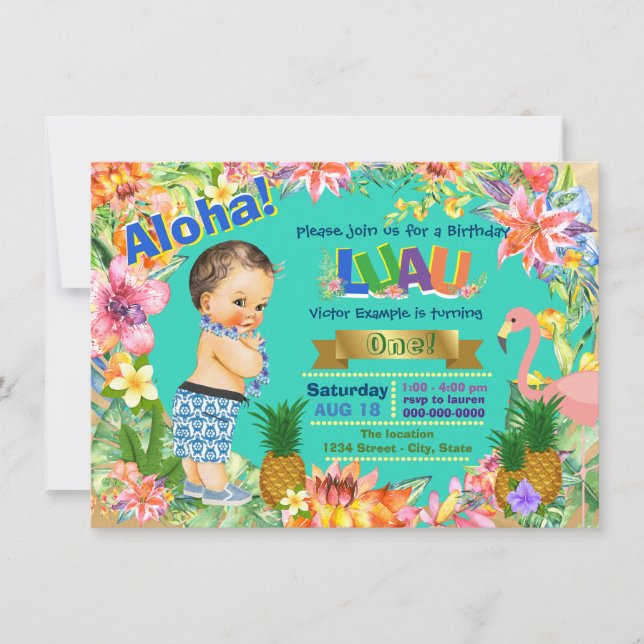 Invitation Fête d'anniversaire garçon Hawaïen Luau (Devant)