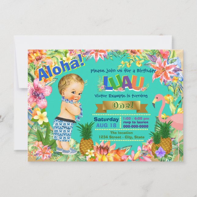 Invitation Fête d'anniversaire garçon hawaïen Luau (Devant)