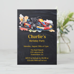 Invitation Fête d'anniversaire garçon karting à l'aquarelle
