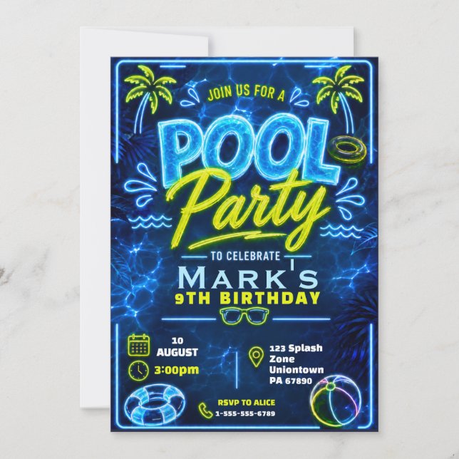 Invitation Fête d'anniversaire garçon Neon Pool Party (Devant)
