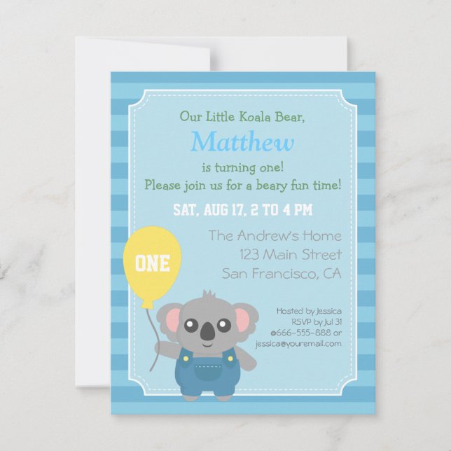 Invitation Fête d'anniversaire garçon ourson koala mignon (Devant)