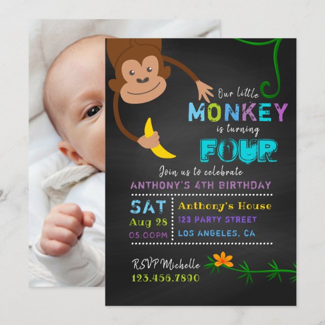 Invitation Fête d'anniversaire garçon petit singe tableau noi (Devant / Derrière)
