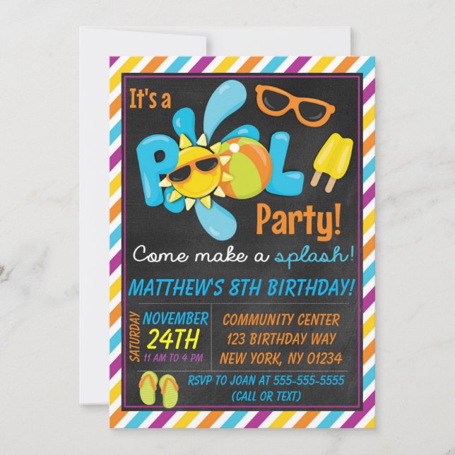 Invitation Fête d'anniversaire garçon piscine (Devant)