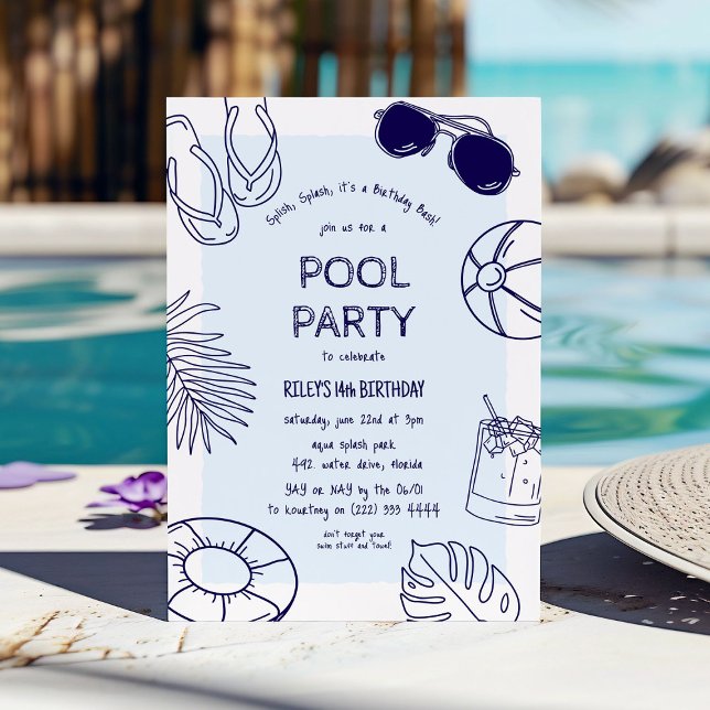 Invitation Fête d'anniversaire garçon piscine Whimsical Doodl (Créateur téléchargé)