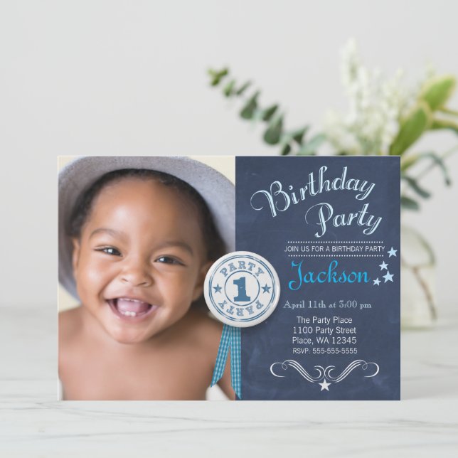 Invitation Fête d'anniversaire garçon premier anniversaire ta (Debout devant)
