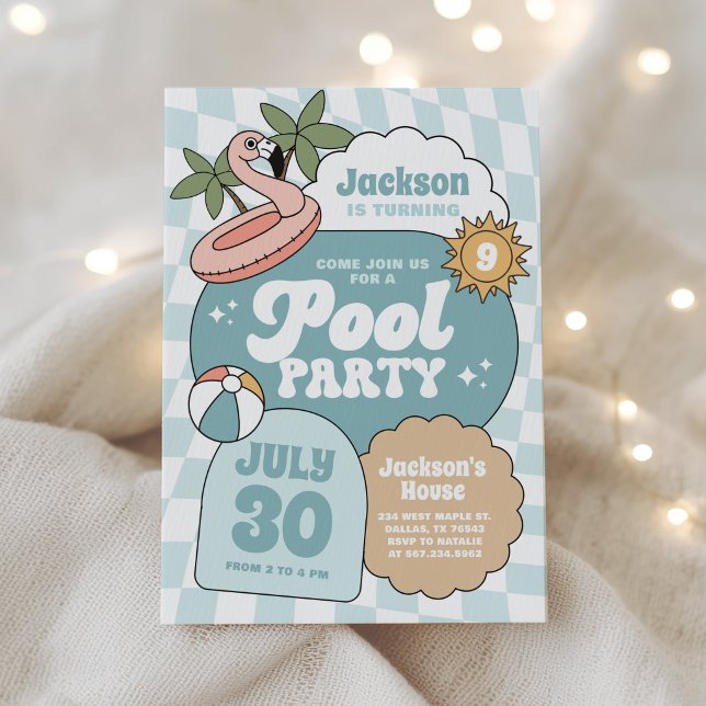 Invitation Fête d'anniversaire garçon Retro Groovy Boy Piscin (Créateur téléchargé)