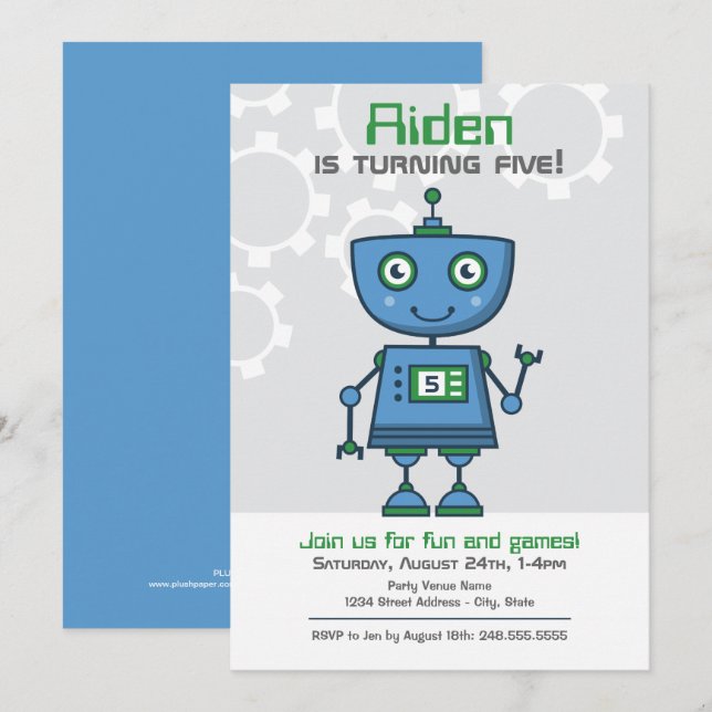 Invitation Fête d'anniversaire garçon robot bleu (Devant / Derrière)