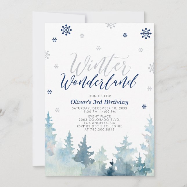 Invitation Fête d'anniversaire garçon Silver & Navy Winter Wo (Devant)