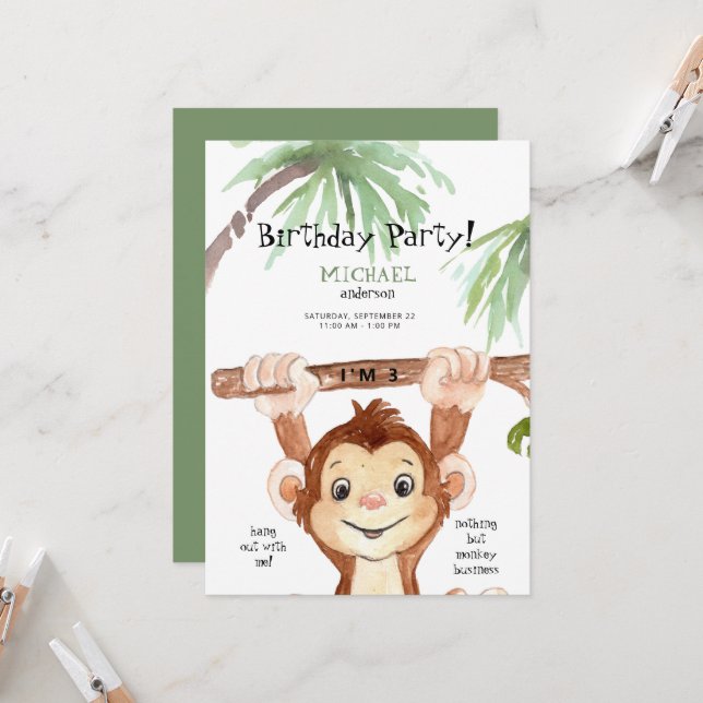 Invitation Fête d'anniversaire garçon singe jungle mignon (Devant/Arrière en situation)