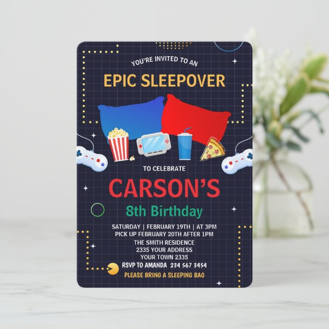 Invitation  Fête d'anniversaire garçon soirée pyjama jeu vidé (Debout devant)