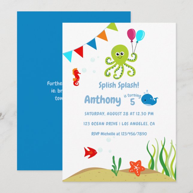 Invitation Fête d'anniversaire garçon sous la mer (Devant / Derrière)