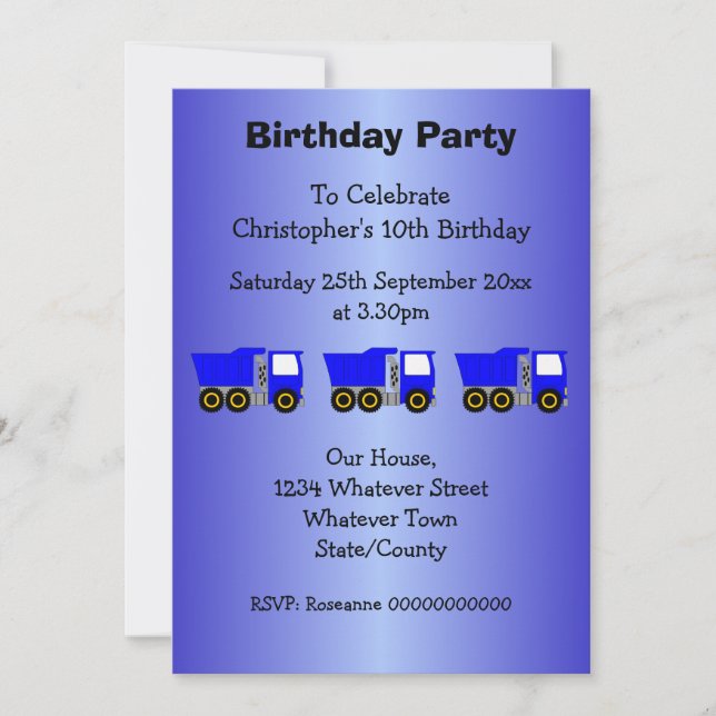 Invitation Fête d'anniversaire garçon thème camion bleu (Devant)