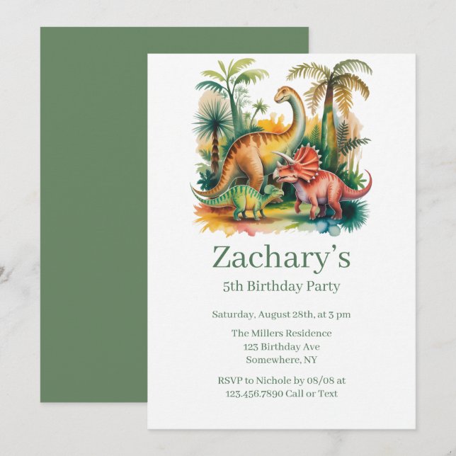 Invitation Fête d'anniversaire garçon thème dinosaures (Devant / Derrière)