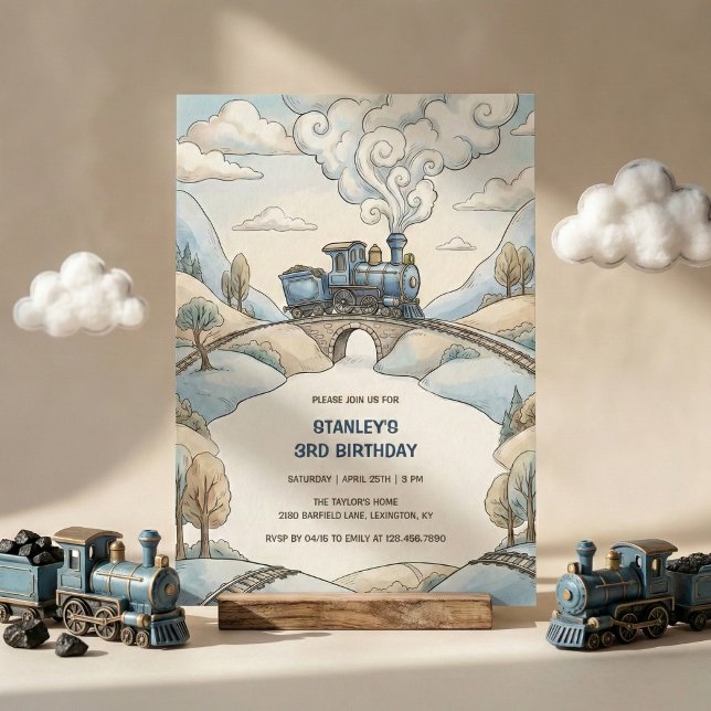 Invitation Fête d'anniversaire garçon train bleu aquarelle (Blue Vintage Train Watercolor Boys Birthday Party Invitation)