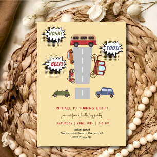 Invitation Fête d'anniversaire garçon véhicules rétro klaxon