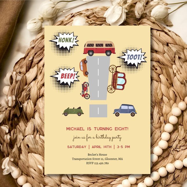 Invitation Fête d'anniversaire garçon véhicules rétro klaxon  (Créateur téléchargé)