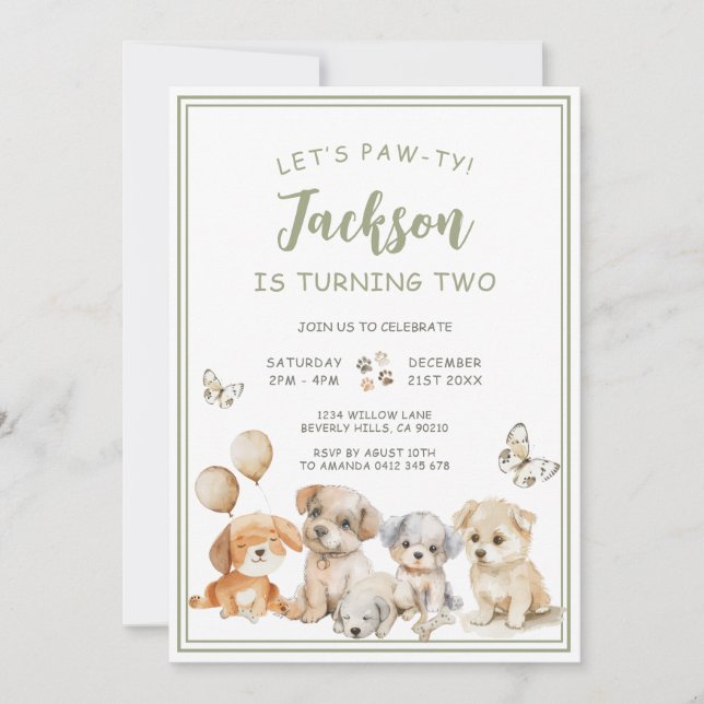 Invitation Fête d'anniversaire garçon vert sauge chien mignon (Devant)