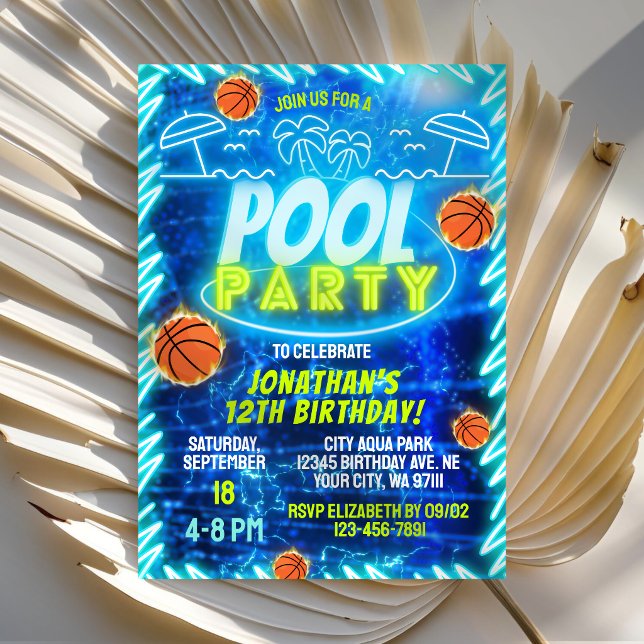 Invitation Fête d'anniversaire garçons piscine néon bleu Bask (Créateur téléchargé)