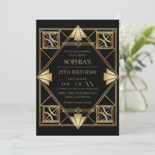 Invitation Fête d'anniversaire Gatsby Art Déco noir 25 ans