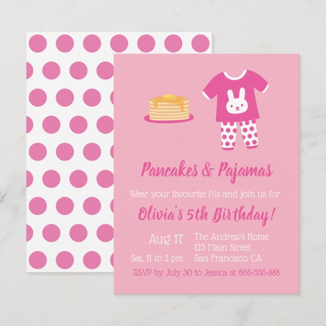 Invitation Fête d'anniversaire gaufres et pyjamas à pois (Devant / Derrière)