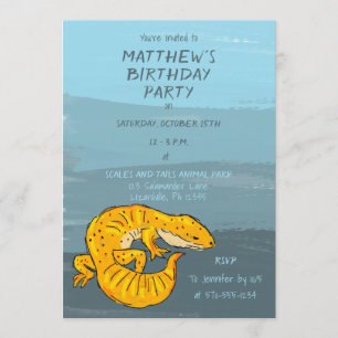 Invitation Fête d'anniversaire Gecko Lizard orange et bleu