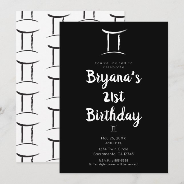 Invitation Fête d'anniversaire GEMINI Zodiaque Astrologie Mai (Devant / Derrière)