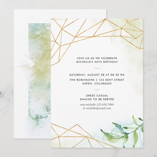 Invitation Fête d'anniversaire géométrique à l'aquarelle (Devant / Derrière)