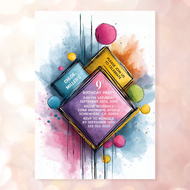 Invitation Fête d'anniversaire géométrique aquarelle colorée  (Créateur téléchargé)
