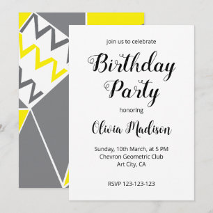 Invitation Fête d'anniversaire géométrique Chevron Gris Jaune