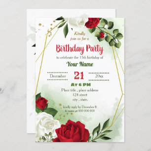 Invitation fête d'anniversaire géométrique rouge blanc fleuri