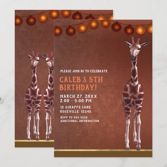 Invitation Fête d'anniversaire girafe africaine marron orange (Devant / Derrière)