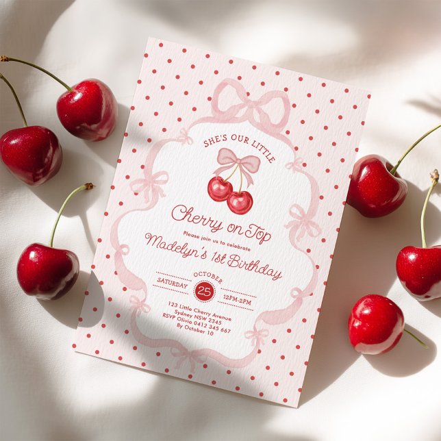 Invitation Fête d'anniversaire Girly Coquette Cherry 1 an (Créateur téléchargé)
