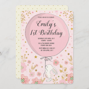 Invitation Fête d'anniversaire Girly de lapin de rose en