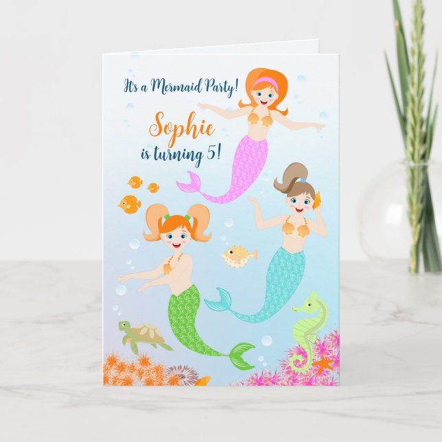 Invitation Fête d'anniversaire girly de sirène et amies (Devant)